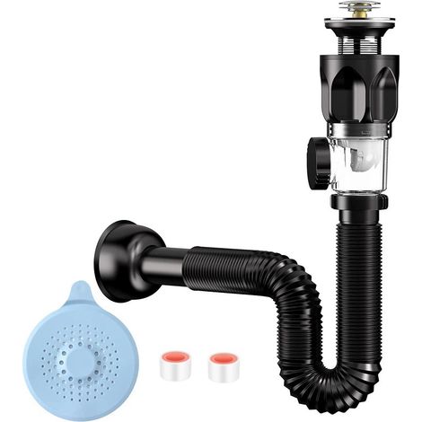 Bonde de lavabo salle de bain avec récupérateur de cheveux et clapet anti-odeur, tuyau d'évacuation universel, accessoire vasque compatible 1-1/4'' et 1-1/2''. (1/5)
