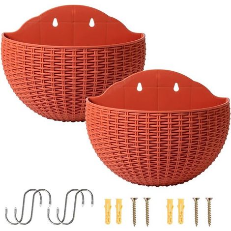 Maceteros colgantes de pared，2 macetas semicirculares de plástico con drenaje y 4 ganchos，4 tornillos para jardín，valla (rojo ladrillo) (1/5)