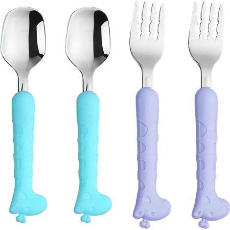 Couverts Enfants - Acier Inoxydable - Poignées Forme Girafe - Pour Repas Autonomes - Lot de 2 Pièces (1/5)