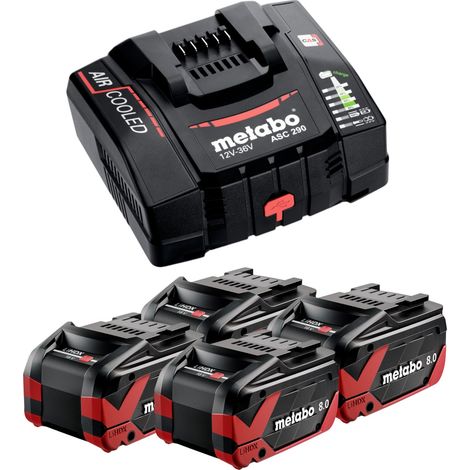 Metabo Set de base 4x bloc batterie LiHDX 18 V 8,0 Ah ( 4x 624975000 ) + chargeur ASC 290 ( 627370000 )