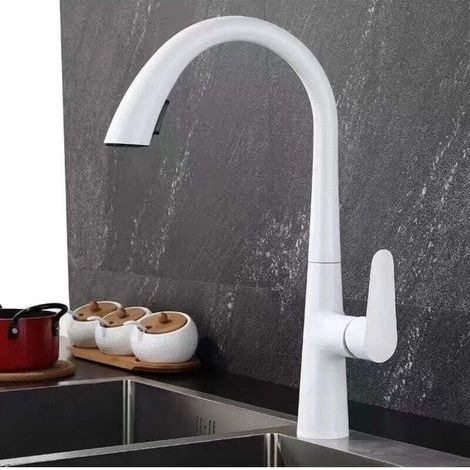 Mitigeur de Cuisine Blanc avec Douchette Extractible Pivotant 360° en Laiton (1/4)