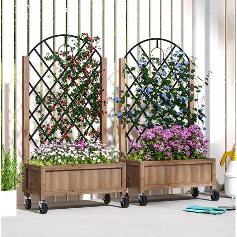 Jardinera elevada con enrejado 52x25x97 cm, con ruedas y drenaje, de madera marrón (1/5)