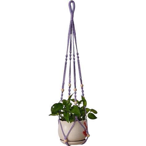 Panier suspendu pour plante d'intérieur en corde de coton violette, 85 cm, avec perles en bois, décoration intérieure, crochets non inclus. (1/5)