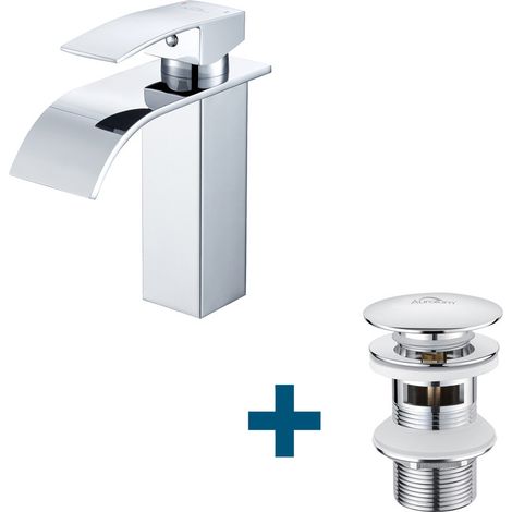 Auralum Waschtischarmatur Wasserfall Wasserhahn + Ablaufgarnitur mit Überlauf, Wasserhahn Bad mit Pop Up, Chrom (1/5)