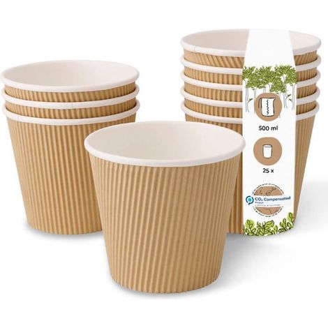 25 gobelets jetables soupe, paroi ondulée carton kraft marron, revêtement PLA intérieur, 500 ml, pour gastronomie take away