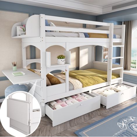 CHICFURN Litera infantil 90x200 cm de madera blanca con escritorio plegable, estante y cajones (1/5)