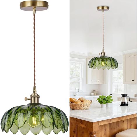 Suspension Luminaire Verre Vert, Lustre Salon Vintage Art Déco E27, Ø26cm [Classe énergétique E]（Sans ampoule ） - Abat jour Fleurs Créatif avec Finition Laiton Doré, Suspensions d'éclairage Intérieur  (1/5)