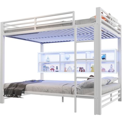 Letto a castello 140x200 in metallo bianco con 6 vani contenitore laterali, luci LED integrate, protezioni di sicurezza e montaggio facile CHICFURN (1/5)