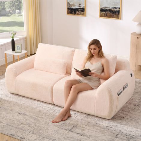 Canapé 2 places — Tissu doux en fausse fourrure de lapin, rembourrage haute résilience, inclut un port de charge USB et des poches latérales pour magazines — Pour petits salons, appartements, bureaux 