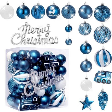 Weihnachtskugeln, Set mit 65 Kunststoff-Weihnachtskugeln, Weihnachtsdekorationen, gold und blau, mit goldener Aufschrift „Merry Christmas“.