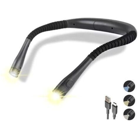 BUNTHAUS Lampe de cou LED pour lire au lit, 3 couleurs, 6 niveaux de luminosité, bras flexibles, rechargeable, type C, USB, longue durée de vie de la batterie, tricot, camping, réparation, noir