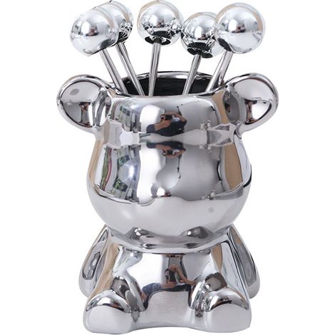 Pot à Fourchettes à Fruits en Céramique avec Base en Forme d'Animal Mignon, 6 Fourchettes en Acier Inoxydable pour Cuisine (1/5)