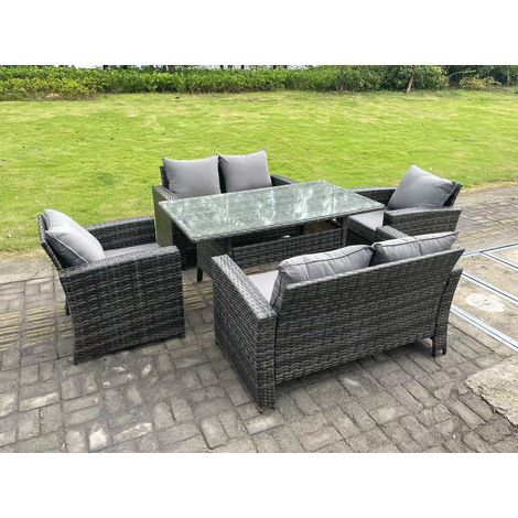 Fimous 6 Seater Outdoor Dark Grey Mixed High Back Rattan Sofa Dining Table Set Garden Furniture Arm Chairs Love Sofa (1/5)