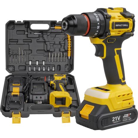 Perceuse sans fil 21V Brushless avec 5 batteries 1300mAh, 2 vitesses, 21 couples, mandrin 10mm, 25 accessoires, LED et verrouillage axial (1/5)