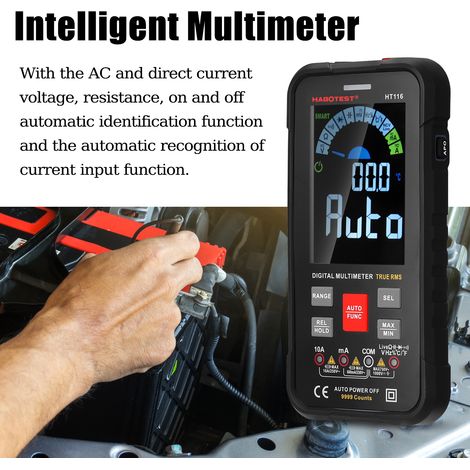 Multimètre intelligent,grand écran couleur 9999 points, True RMS, NCV et lampe torche. Mesure tension, courant continu, résistance, capacité, fréquence, température, diode et test direct (1/5)