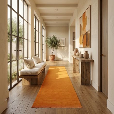 Tapis Loribaft tissé Tapis Tomas - Tapis en laine - 200x80cm, Rectangular - 100% Laine vierge - Tissé main - Orange