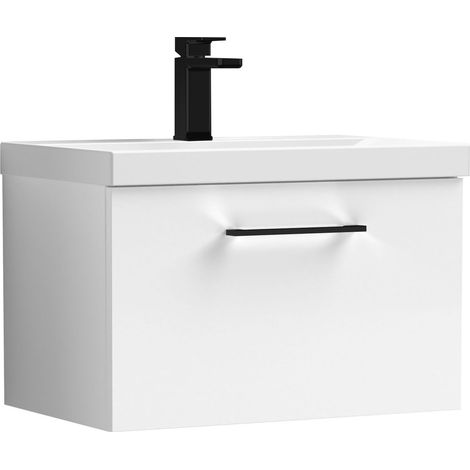 Balterley 600mm Wall Hung Bathroom 1 Drawer Vanity Unit and 1 Tap Hole Ceramic Basin, Gloss White with Black Handle (1/5)