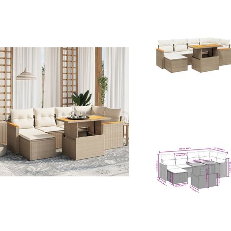 Salon de jardin avec coussins 7 pcs beige résine tressée - Ensemble Salon De Jardin - Meuble Extérieur - Résine Tressée - Rotin Synthétique - Table Extensible (1/3)