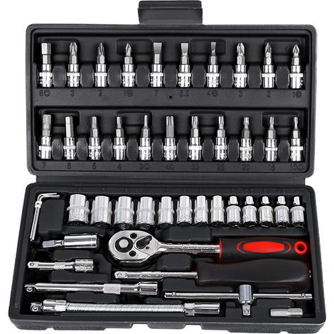 46-Pièces Jeu de Douilles et Clés à Cliquet, Kit d'Outils de Réparation Auto et Moto, Coffret Atelier Garage avec Rallonges et Adaptateurs