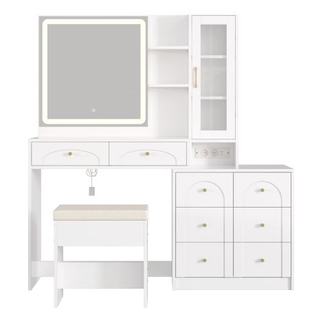 Coiffeuse LED 131cm avec tabouret 8 tiroirs prise vitrine moderne blanche