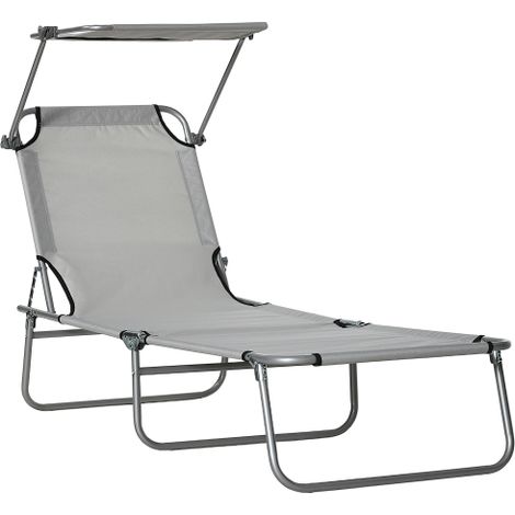 Sonnenliege klappbar Gartenliege mit Dach, Liegestuhl mit 4-Fach verstellbare Rückenlehne, wetterfeste Campingliege bis 120 kg belastbar, für Garten Strand Pool, Hellgrau