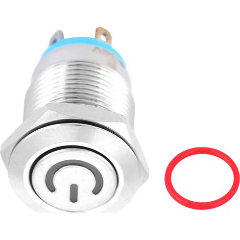 12-mm-Metall-Drucktaster mit blauer LED-Anzeige und Ein-/Aus-Symbol, selbstrückstellend, 1 Schließer (12 V) (1/5)