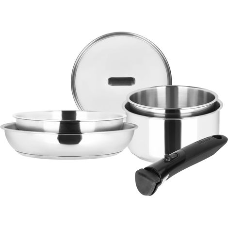 Batterie Cuisine 6 pcs 100% Inox : 1 manche amovible, 2 casseroles Ø18,20 cm, 2 poêles Ø20,24 cm, 1 couvercle verre Ø20 cm - Tous feux dont induction - Cuisine Saine (1/5)