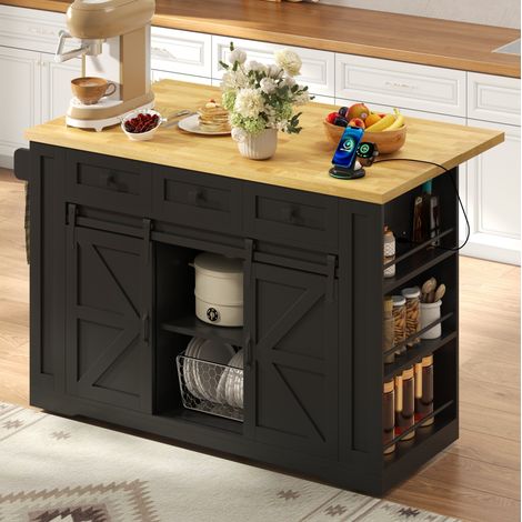 Mobile Kücheninsel mit ausklappbarer Arbeitsplatte, Küchenwagen mit Schiebetüren, Buffet-Schrank mit Steckdosen und 3-stufigem Ablageregal, 130 × 50 (80) × 87 cm (1/5)
