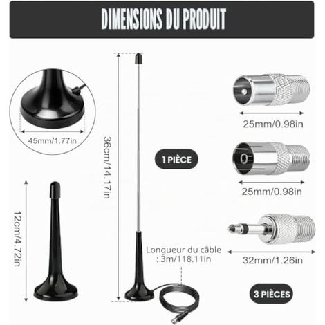 Antenne FM Dab Universelle pour Chaîne Hi-FI et Home Cinéma, Antenne Intérieure avec Base Magnétique et Câble 3m, Améliore la Réception Radio FM, Dab, Stereo et AV Receiver (1/4)