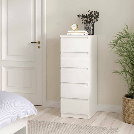 Dmora Cajonera con cinco cajones, color blanco brillo, 40 x 111 x 50 cm, con embalaje reforzado (1/5)