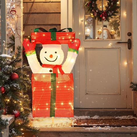 COSTWAY 115 cm Bonhomme de Neige Lumineux dans Boîte Cadeau, Decoration Noel Exterieur Interieur, 100 Lumière LED, 10 Attaches Zippées, 4 Piquets de Sol, Décorations de Fêtes pour Salon Jardin (1/4)