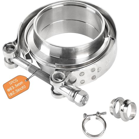 Collier V-Band + Flasques Ø 63,5 mm (2,5'') Kit complet en Acier Inoxydable 304 Collier de fixation rapide pour échappement et turbo avec anneaux centrage et collier pour tuyau turbo (Argenté) (1/5)