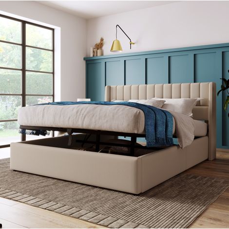 MEUBLIV Lit coffre rembourré hydraulique 160 x 200 cm en lin beige avec tête de lit capitonnée et grand espace de rangement (1/5)