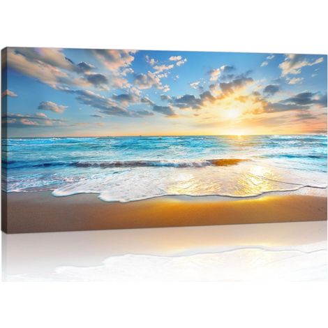 Grande Coucher de soleil Bord de mer Paysage Cadre En Bois Tableau Decoration Murale,Bleu Plage Paysage Marin Art Mural Impression Sur Toile Peintures Salon Chambre Bureau Cuisine Deco Murale 100x50cm (1/5)