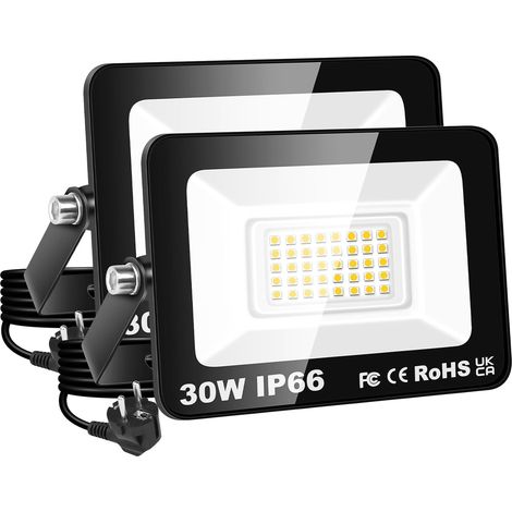 Projecteur LED 30W, étanche IP66, éclairage de sécurité 3000 lm, applique murale extérieure blanc chaud 3000K pour jardin, cour, garage, terrasse, entrepôt, avec prise UE (2 pièce)