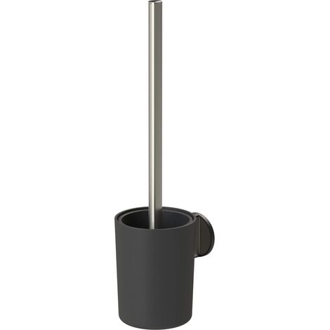 Brosse WC Fermée, Porte-Brosse WC Mural Fermé avec Fixation Adhésive 3M, Brosse Noire et Tête Remplaçable, ABS, 9,6 x 38,2 x 12,1 cm, Noir, Acier Inoxydable brossé (1/5)