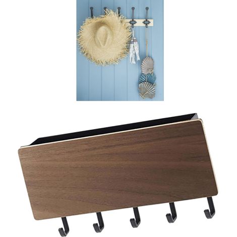 Porte-clés mural de style japonais, crochet sans perçage, porte-clés, étagère de rangement multifonctionnelle en bois massif pour portes, couleur noyer. (1/5)