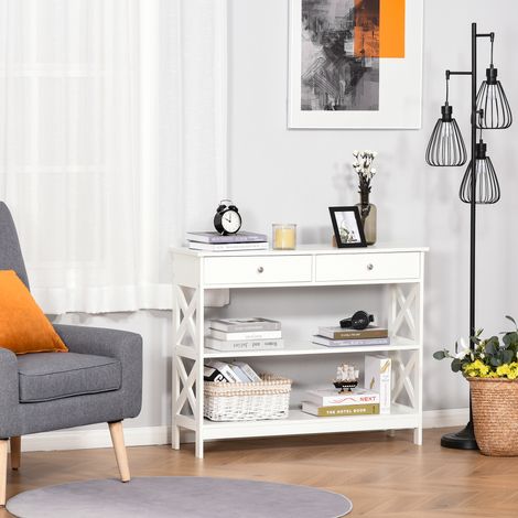 HOMCOM Table de console table d'entrée style table de drapier néo-rétro 2 tiroirs 2 étagères dim. 100L x 30.5l x 80H cm en bois Blanc