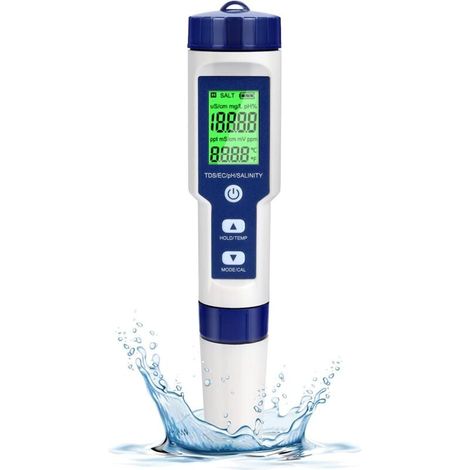 Testeur PH Electronique, Testeur Eau Piscine 5 en 1 avec Rétro-éclairage, PH/TDS/EC/Salinité/TempmèTre avec ATC, PH Metre Haute Précision de Résolution 0.01, pour Eau Potable, Aquarium, Spas (1/4)