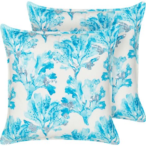 Conjunto de 2 cojines algodón cuadrado textura coral marino relleno poliéster blanco y azul Rockweed