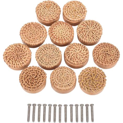 Kommodeknöpfe aus böhmischem Rattan, runde handgeflochtene Schubladenknöpfe aus Holz inklusive Schrauben (12 Stück). (1/5)