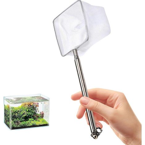 Épuisette pour aquarium avec manche télescopique en acier inoxydable et poignée antidérapante, utilisée pour le nettoyage des aquariums. (1/3)