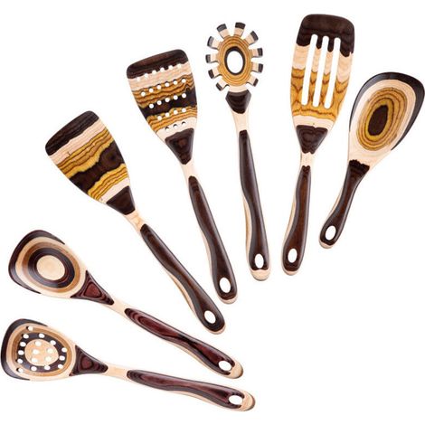 Ensemble d'ustensiles de cuisine en bois de pakka marron, 7 pièces – Robuste et écologique, cuillères en bois pour la cuisine, ustensiles de cuisine en bois, cadeaux pour la maison et la cuisine pour (1/4)