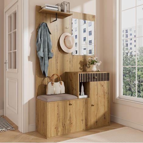 Mueble de entrada con espejo y banco acolchado, 110 x 37 x 185,5 cm, natural/negro, MDF, FloraGrace (1/5)