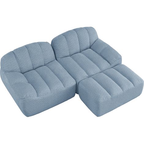 Canapé modulaire d'angle 2 places sans armature avec ottomane, forme coquillage, tissu bleu (1/5)