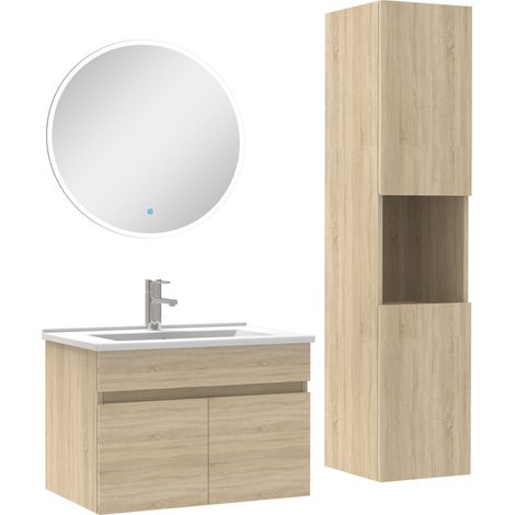 Ensemble Salle De Bain avec colonne et miroir rond 60cm meuble Chêne Wotan (1/5)