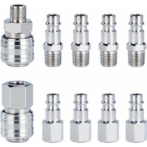 Raccord Rapide de Compresseur 1/4"BSP Coupleur Pneumatique d\'air Kit Raccords de Tuyau Connecteur Homme Femme 10 Pièces (1/5)