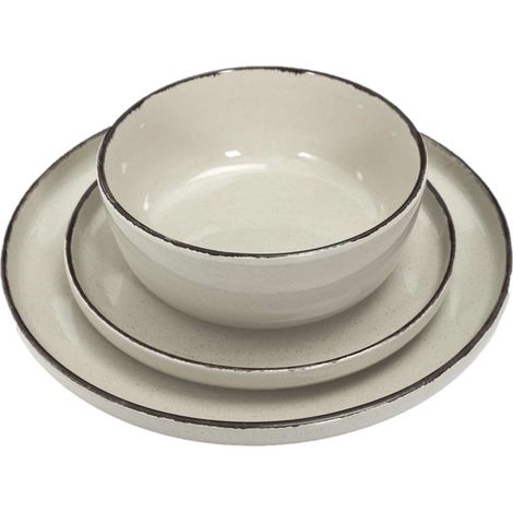 The Home Deco Factory – Service vaisselle 12 pièces en grès – 4 bols, 4 grandes assiettes, 4 assiettes à dessert – Design artisanal et teintes naturelles