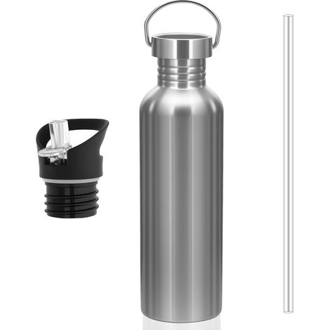 1-Liter-Edelstahl-Trinkflasche, Sportflasche mit 2 Deckeln, einwandig, nicht isoliert, BPA-frei, Trinkflasche mit Strohhalm für Erwachsene – ideal für Schule, Büro, Outdoor-Aktivitäten, Camping und Yo