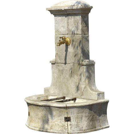 Habitat Et Jardin – Fontaine de jardin en pierre reconstituée – Dimensions 79 x 49 x 113 cm – 1 bac avec trou d'évacuation – Robinet en laiton